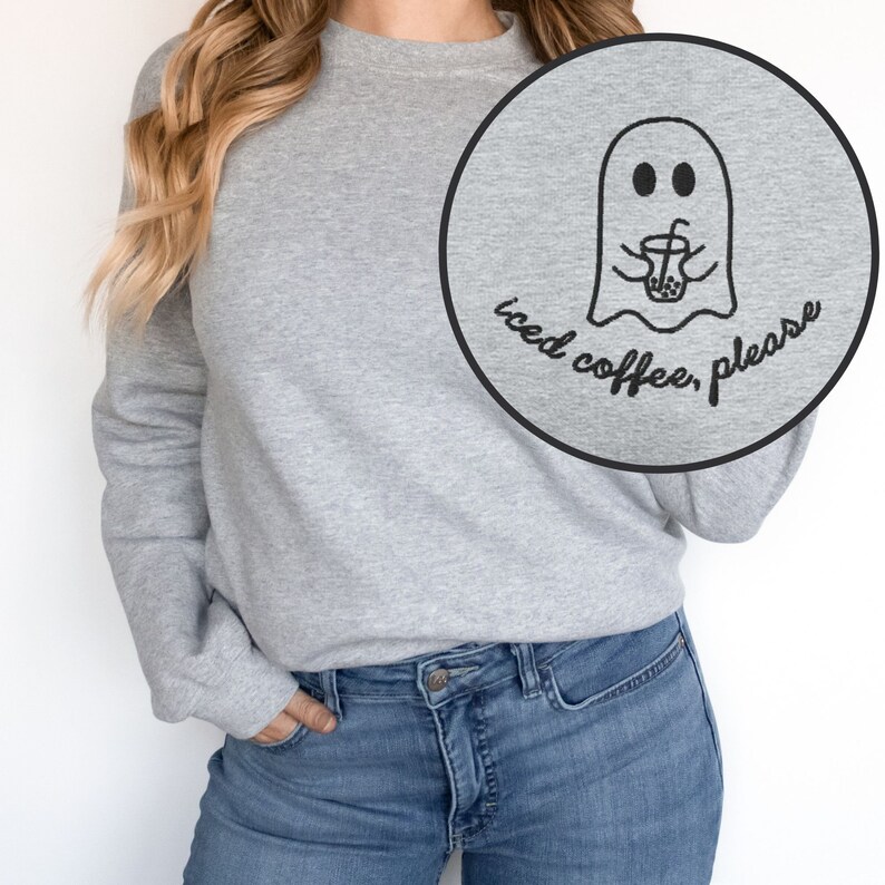 Iced Coffee Ghost Embroidered Sweatshirt, Fall Crewneck Sweater, Cute Ghost Pullover, Coffee Lover, Fall Coffee, Halloween Coffee Jumper image 4