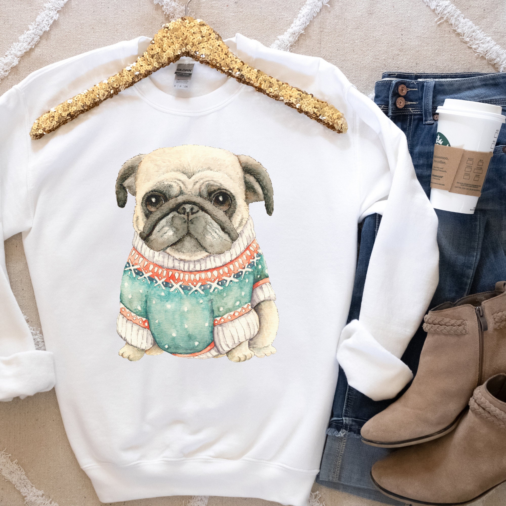 Pug in Sweater Christmas Sweatshirt Pug Lover Pug Mom Etsy UK