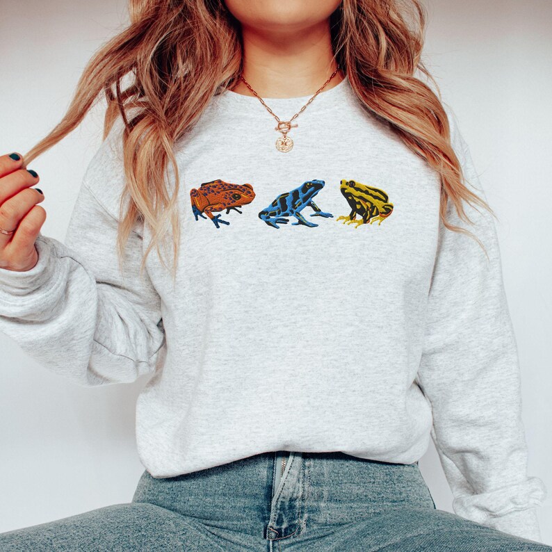 May include: A gray sweatshirt with a graphic of three frogs in different colors: orange, blue, and yellow. The frogs are arranged in a row across the chest of the sweatshirt.