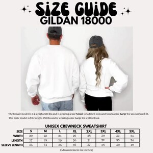 May include: Size chart for unisex crewneck sweatshirts in sizes S-5XL. The chart shows measurements in inches for width, length, and sleeve length.