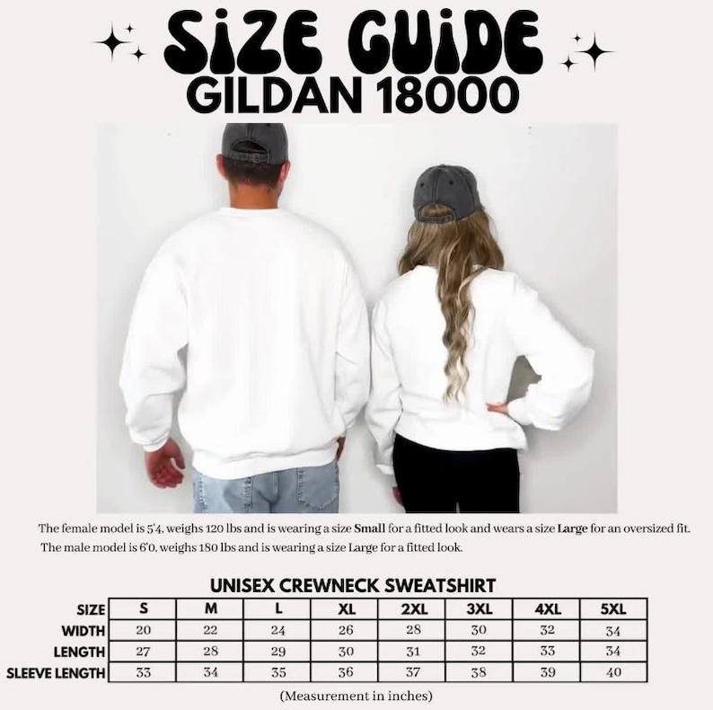 May include: Size chart for unisex crewneck sweatshirts in sizes S-5XL. The chart shows measurements in inches for width, length, and sleeve length.