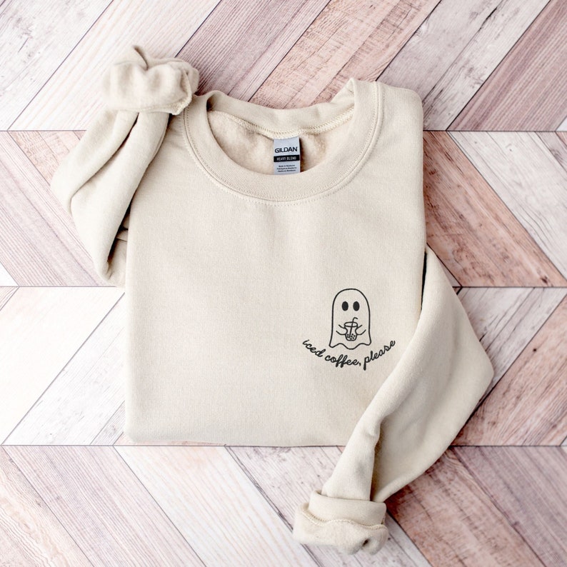 Iced Coffee Ghost Embroidered Sweatshirt, Fall Crewneck Sweater, Cute Ghost Pullover, Coffee Lover, Fall Coffee, Halloween Coffee Jumper image 1