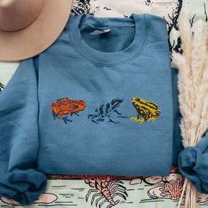 May include: A blue sweatshirt with three embroidered frogs. The frogs are orange, blue, and yellow with black markings.