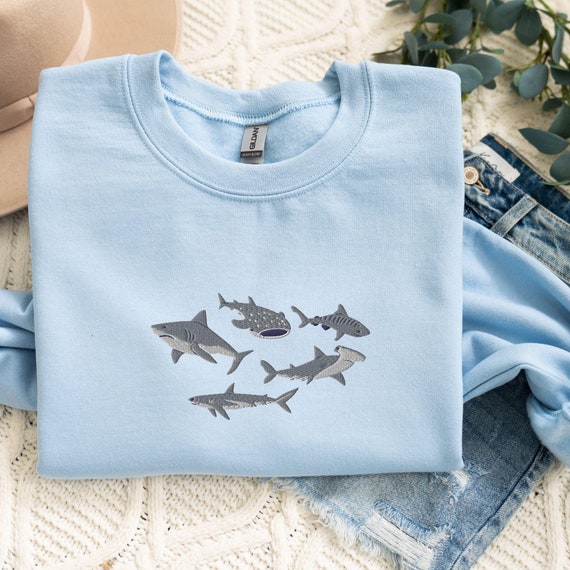 Embroidered Shark Sweatshirt Gift for Shark Lover, Hammerhead Shark, Whale Shark, Great White, Reef Shark, Tiger Shark, Oceancore, y2k