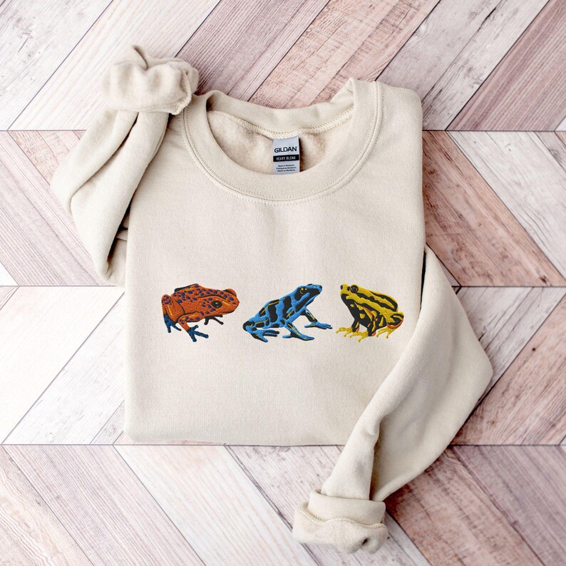 May include: A cream-colored sweatshirt with a graphic of three frogs in different colors: orange, blue, and yellow. The frogs are facing forward and have black eyes.