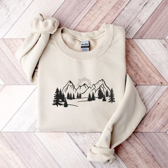 Embroidered Mountains Sweatshirt, Trees Embroidered Crewneck, Pine Trees Sweatshirt, Hiking Pullover, Camping Sweater, Nature Lover Gift