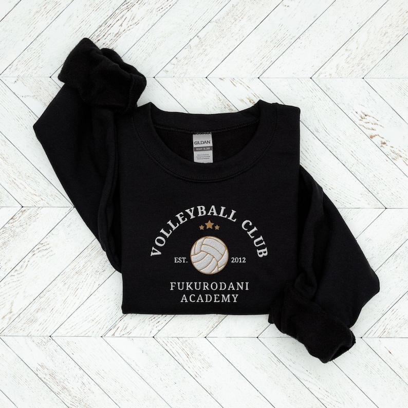 May include: Black sweatshirt with white embroidery that reads "Volleyball Club Est. 2012 Fukurodani Academy" with a white volleyball graphic.