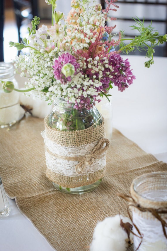 Wedding Reception Centerpiece Decor Mason Jar Burlap Etsy