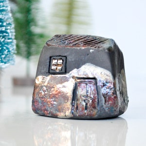 Miniature black house with golden glaze, Raku fired Ceramic houses, Architectural, raku pottery, Croatia, StudioVitezart, Raku and pottery image 1