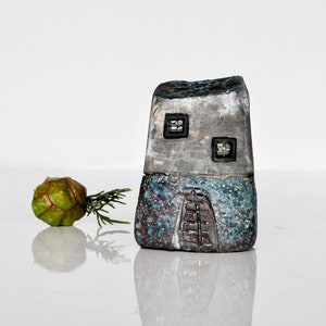 Handmade Raku Miniature House: Blue Copper Glazed Ceramic Sculpture