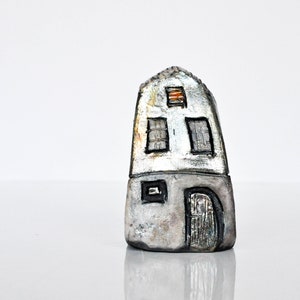 Handcrafted Silver Raku Ceramic House: Croatian Art Sculpture