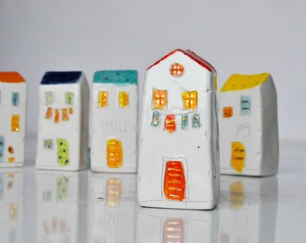 Red roof houses with Gold, Miniature Croatian Cottage with golden details, Hand Painted Ceramic,  Handmade in Croatia, Home with Gold