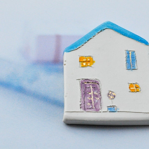 Fridge Ceramic Magnet House with a blue roof, Refrigerator magnets, Little clay house magnets, Kitchen magnets, Croatia, Studio Vitez art