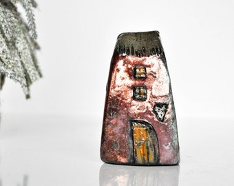 Raku fired Ceramic house in copper and pink color, Hand sculpted Unique Ceramics  Architectural Home decor
