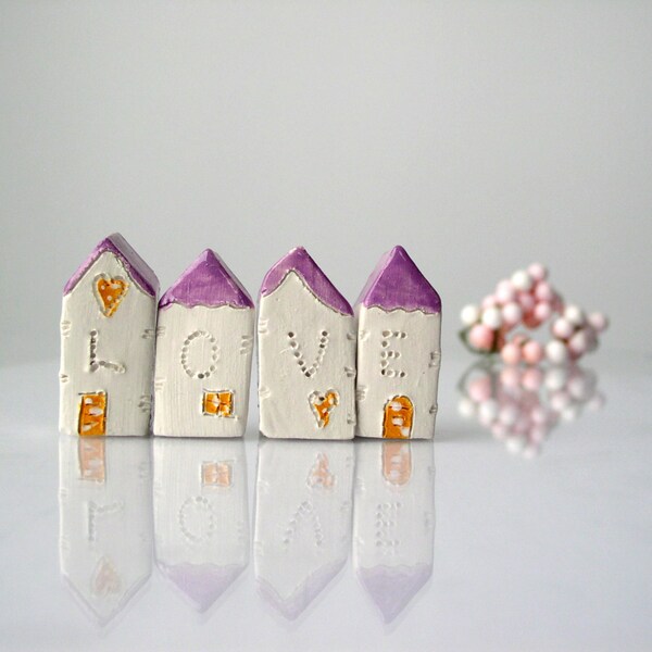 Ceramic Village in Lavander  and Orange - LOVE  - Handmade ceramics houses, White house, OOAK, Wedding favor, Valentines gift