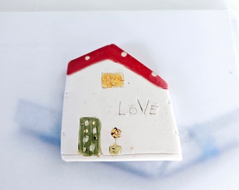 LOVE Fridge Ceramic Magnet House with gold and red roof, Refrigerator magnets, Little clay house magnets, Kitchen magnets, StudioVitezart