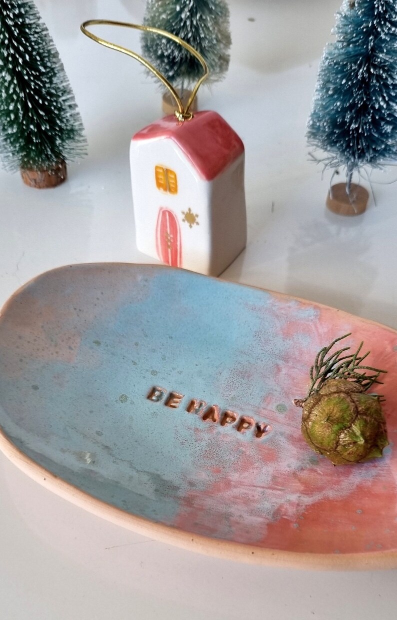 Handmade ceramic decorative tray, Little dish for holding your favorite sparkly rings and other delicate jewelry with script BE HAPPY image 9