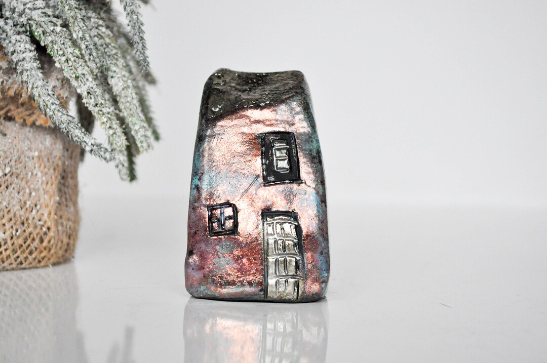 Raku Fired Ceramic House in Copper and Blue Color, Hand Sculpted Unique