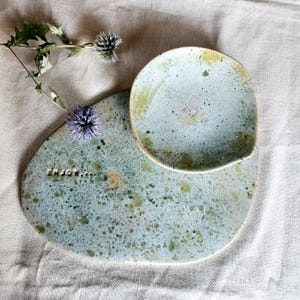 Handmade Ceramic Cheese Platter Set: Green Appetizer Board with Bowl