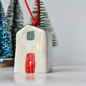 Glossy Ceramic House Ornament with Gold: Handmade First Home Gift