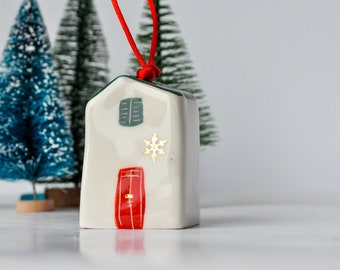 Glossy Glaze Ceramic Ornament house with Gold, Ceramic houses, First Home Ornament, Housewarming Gift, New House Ornament