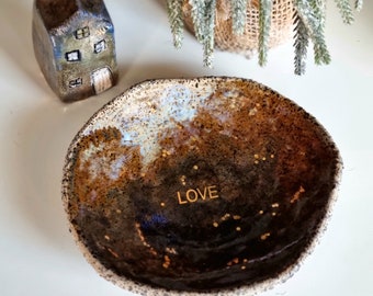 LOVE ceramic plate in  beautiful brown shades glaze with GOLD, rustic ceramic platter, valentines day gift