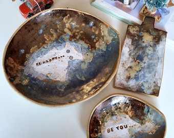 Serving plates with scripts, Set of 3,  One of a kind ceramic platters in  beautiful brown, brown and blue shades with golden details
