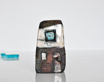 Handmade ceramic raku house in copper mat green  and white glaze, Handcrafted Souvenirs for Your Home