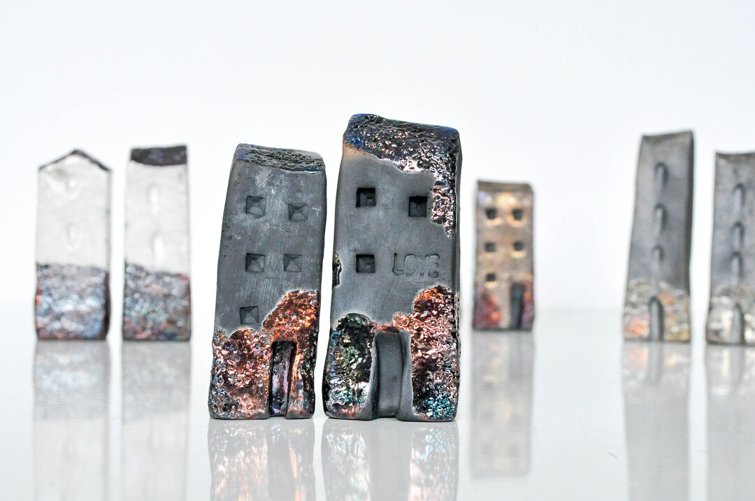 Studio Vitez Art Ceramic Houses Set, Raku Fired Copper Glaze, Handmade