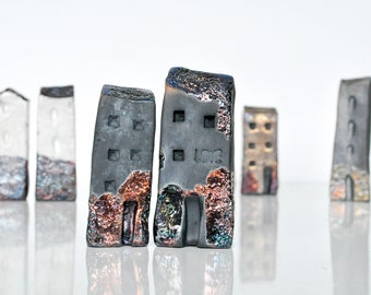 Studio Vitez Art Ceramic Houses Set, Raku Fired Copper Glaze, Handmade Home Decor, Unique Ceramics, Architectural Decor