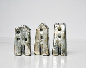 Set of 3 Raku fired Ceramic houses, Golden glaze, Handmade by Studio Vitez Art, Unique Ceramics Architectural Home decor, Croatia, Etsy