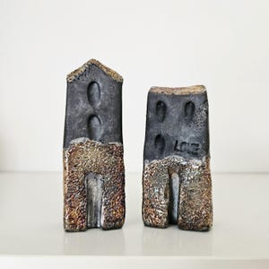 Raku Fired Ceramic Houses: Golden Glaze Architectural Decor, Set of 2