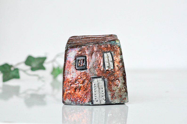 Ceramic raku house, set of 2 Art Copper Raku fired Clay houses ideal couples gift, home decor image 3