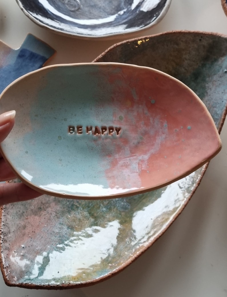 Handmade ceramic decorative tray, Little dish for holding your favorite sparkly rings and other delicate jewelry with script BE HAPPY image 3