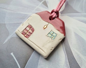 Unique handmade house Ornament, Ceramic houses with purple roof and Golden details, Gift tag, glossy Glazed Ceramics ornament, Vitezart