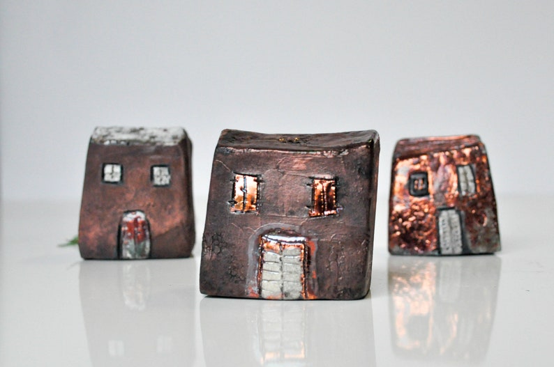 Ceramic raku house, set of 2 Art Copper Raku fired Clay houses ideal couples gift, home decor image 6