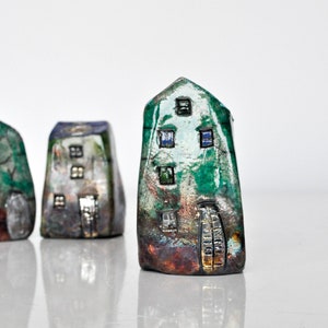 Raku Ceramic House Sculpture: Copper Green Handmade Pottery Decor