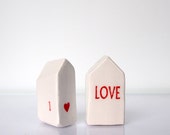 First Love - White ceramic houses with RED HEART and LOVE - Valentines White Glazed Ceramics Sculptures For Desk or Shelf
