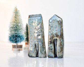 Studio Vitez Art Ceramic Houses Set, Raku Fired Silver Glaze, Handmade Home Decor, Unique Ceramics, Architectural Decor