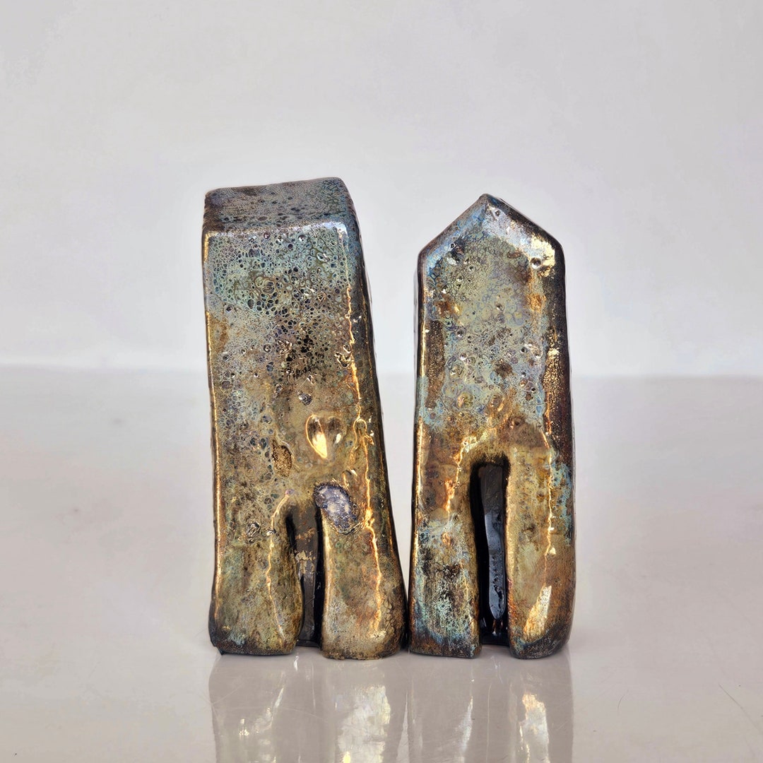Studio Vitez Art Ceramic Houses Set, Raku Fired Silver Glaze, Handmade