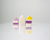 Striped Ceramic Houses, set of 3  -  Handmade ceramics, White house with Purple, Violet and Yellow stripes, Geometric miniature houses