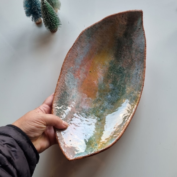 Large Ceramic serving bowl Unique Irregular shape Art ceramic bowl in green, yellow and gray shades, Handmade statement piece