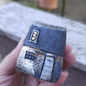 Miniature Raku House: Black & Gold Ceramic Architectural Pottery