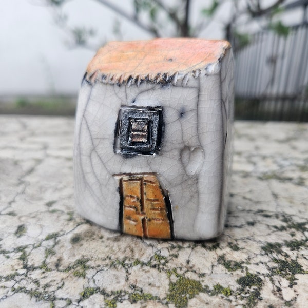 Raku Ceramic house in orange, Hand sculpted Unique Ceramics  Architectural Home decor,  StudioVitezart, Croatia