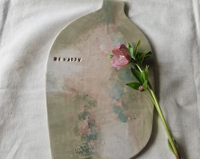 BE HAPPY Handmade Romantic green cheese platter, Ceramic cheese board, Green appetizer board, Ceramic Serving Platter