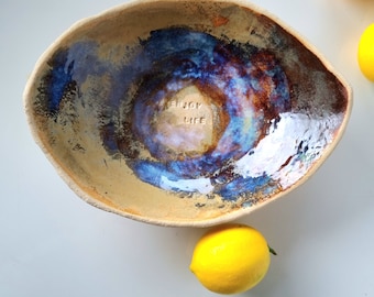 ENJOY LIFE Handmade Ceramic Dinner Serving Bowl - Unique Table Fruit Bowl - Modern Plate in Beautiful Brown, Copper, and Blue Shades