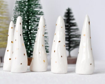 Set of 3 White glossy glazed Ceramic Trees with golden dots,  Handmade ceramic trees, Miniature house trees, made in Croatia by Sani Vitez