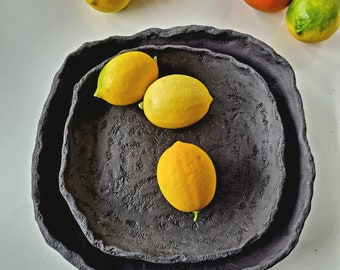 Handmade ceramic bowls in  beautiful dark brown clay, rustic ceramic platter  for styling kitchen table