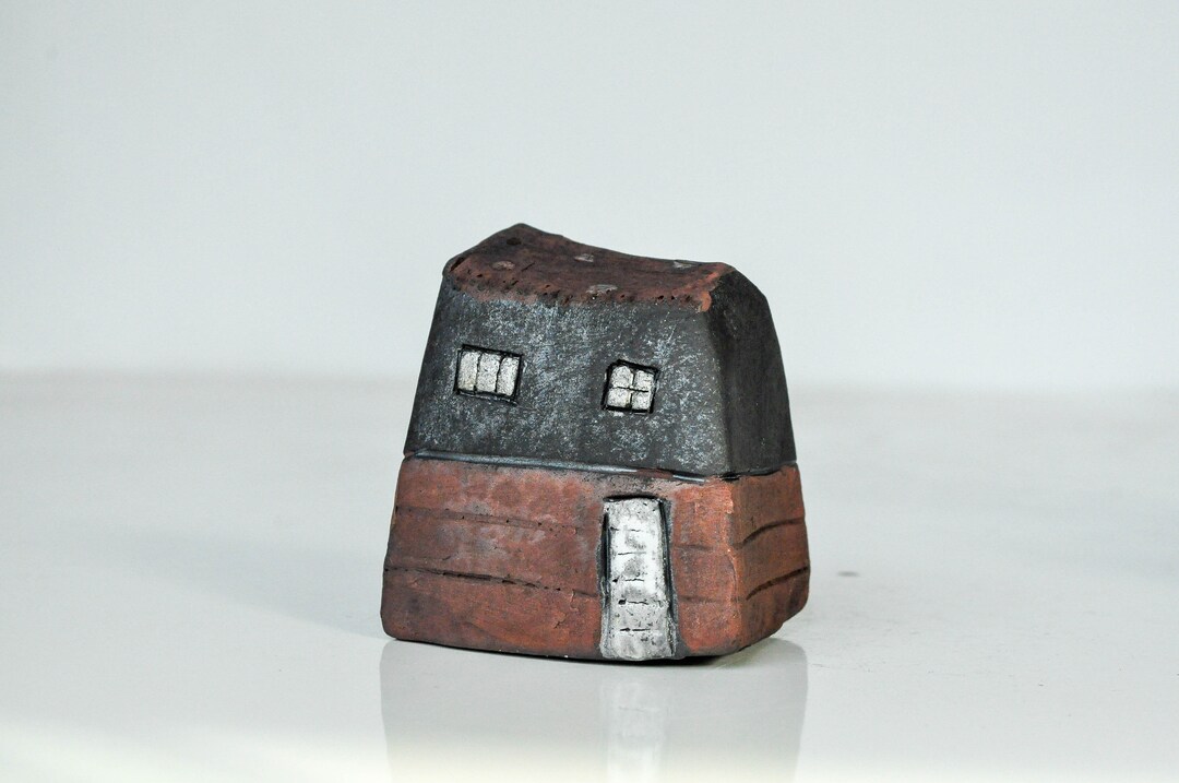 Ceramic Art House With White Windows, Raku Fired Ceramic House With