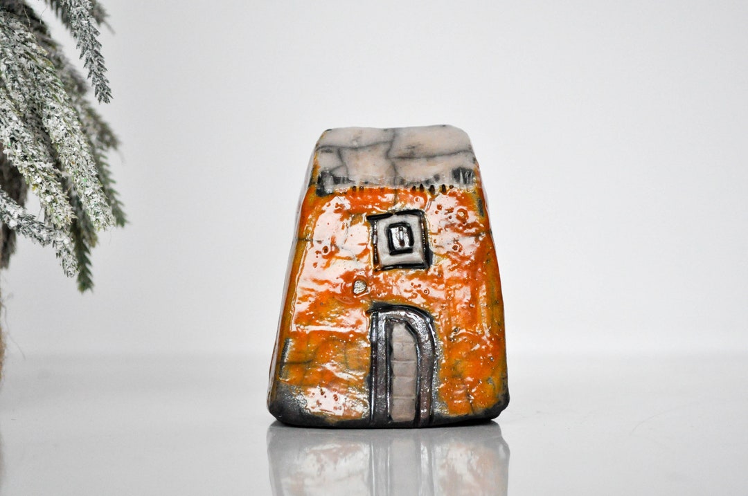 Raku Fired Ceramic House in Orange Glaze, Hand Sculpted Unique Ceramic